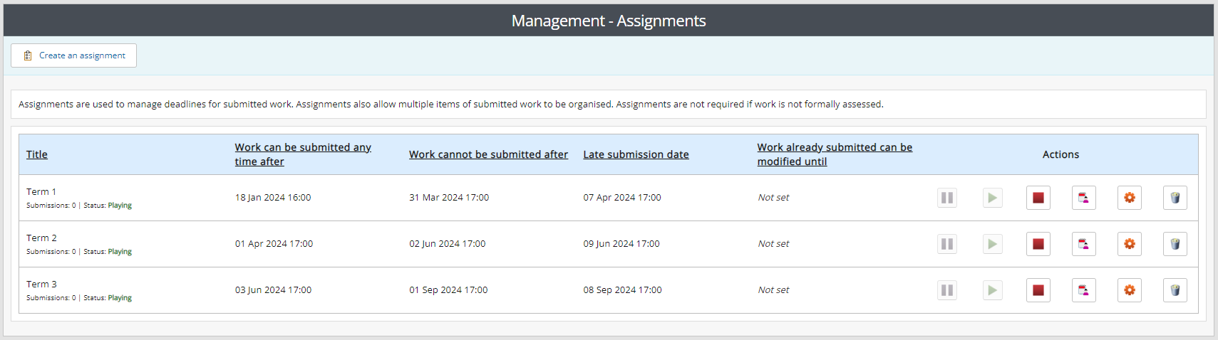 The Manage Assignments page where you can see assignments for the workspace, play, pause, stop, manage extensions, edit settings or delete the assignment.